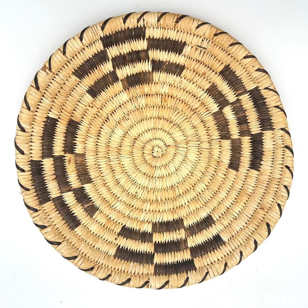 Handwoven 13" Coiled Papago Tohono O'odham Basket Stepped Pattern Natural